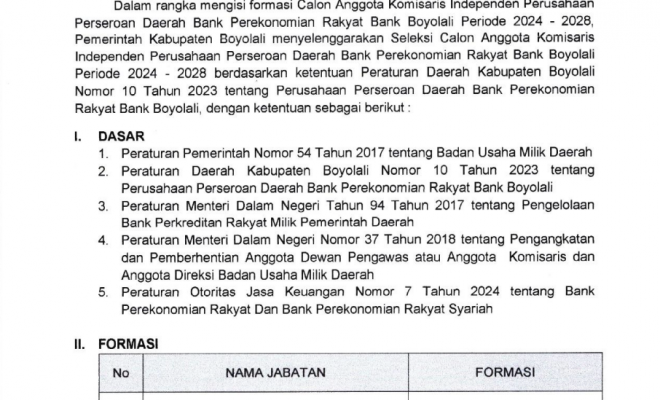 SELEKSI CALON ANGGOTA INDEPENDENT KOMISARIS PERSERODA BANK BPR BANK BOYOLALI 2024